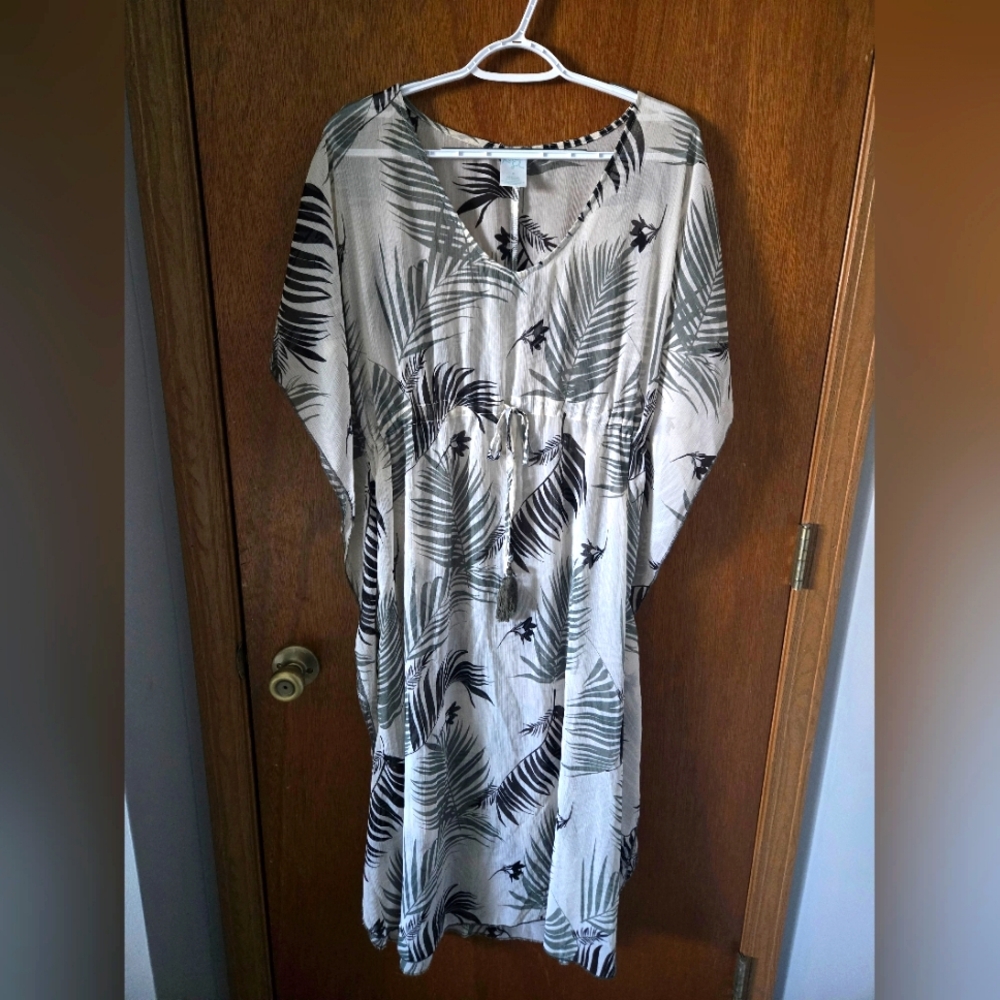 Kona Sol Womens Tropical Palm Leaf Kaftan Swim Cover Up Green Black Medium